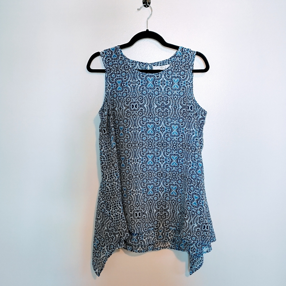 Fever blue printed tank top blouse with asymmetric hem size medium
